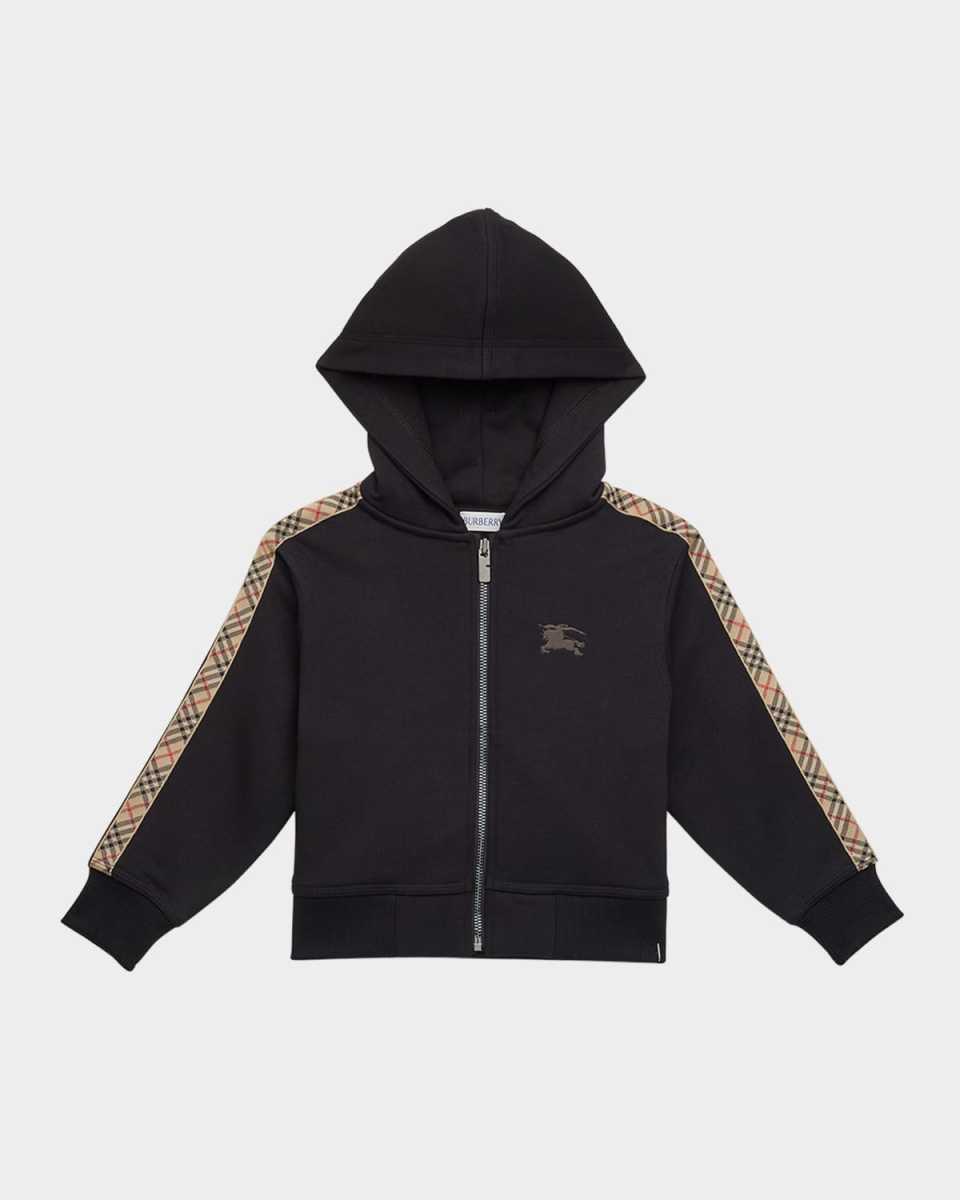 Boy's Clyde Check Tape Zip-Front Hoodie, Size 3-12